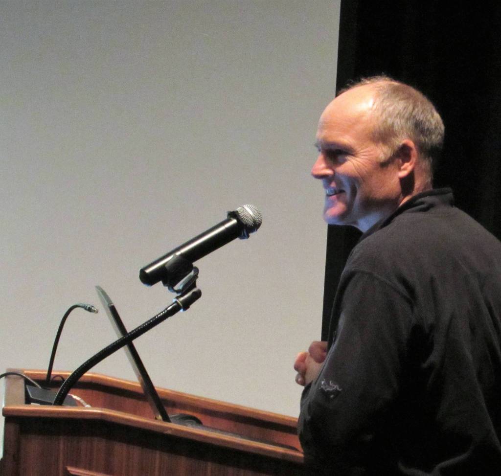 John Hudson, naturalist for Discovery Southeast, speaks during a presentation about the Kaxdigoowu Héen (Montana Creek) watershed Saturday, Jan. 12, 2019.