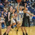 Thunder Mountain sophomore Mary Neal Garcia goes up for the layup against Colonys Tori Schwantes, left, and Maggie Spencer at Thunder Mountain High School on Saturday, Jan. 12. 2019. (Courtesy Photo | Heather Holt)