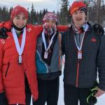 Juneau Nordic Ski Team members (from left) Finn Morley, Arne Ellefson-Carnes and Clem Taylor-Roth pose for a photo after earning medals for their top-10 finishes at the Government Peak Recreation Area Invitational in Palmer on Saturday. Awards were given to the top-10 skiers based on the cumulative time of a 5-kilometer interval-start freestyle race on Friday and 5-kilometer mass-start classic race on Saturday. Ellefson-Carnes finished fifth, Taylor-Roth sixth and Morley 10th. (Courtesy Photo | Merry Ellefson)