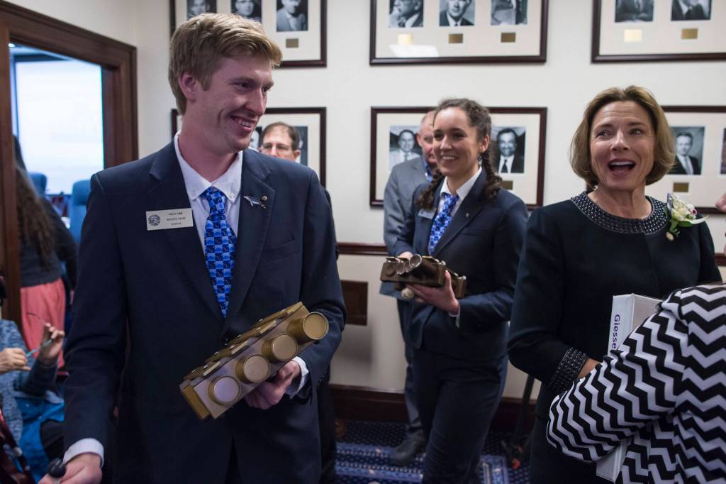 Senate President reacts to the opening bells played by pages on the first day of the 31st Session of the Alaska Legislature on Tuesday, Jan. 15, 2019. (Michael Penn | Juneau Empire)