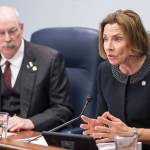 Senate President Cathy Giessel, R-Anchorage, and Sen. Bert Stedman, R-Sitka, speak during a Senate Majority press conference on the opening day of the 31st Session of the Alaska Legislature on Tuesday, Jan. 15, 2019. (Michael Penn | Juneau Empire)