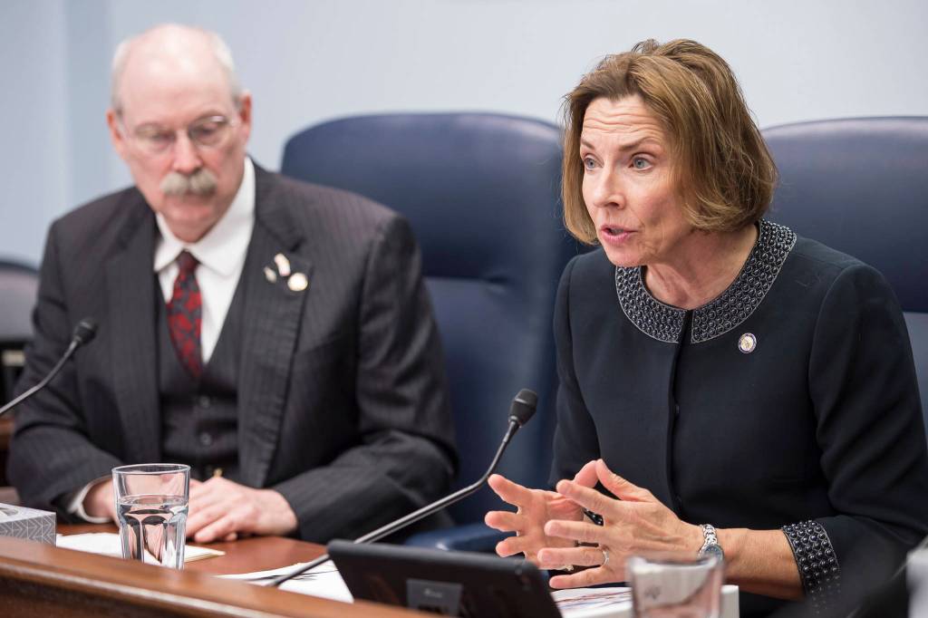 Senate President Cathy Giessel, R-Anchorage, and Sen. Bert Stedman, R-Sitka, speak during a Senate Majority press conference on the opening day of the 31st Session of the Alaska Legislature on Tuesday, Jan. 15, 2019. (Michael Penn | Juneau Empire)