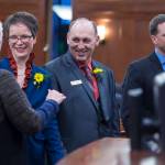 Rep. Louise Stutes, R-Kodiak, left, congratulates Rep. Sarah Vance, R-Homer, Rep. Gary Knopp, R-Kenai, and Rep. Ben Carpenter, R-Nikiski, right, after being sworn in on the opening day of the 31st Session of the Alaska Legislature on Tuesday, Jan. 15, 2019. (Michael Penn | Juneau Empire)