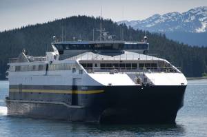 The Alaska State Marine Highway Ferry Fairweather pulls up to the Auke Bay Terminal in June, 2014. (Michael Penn | Juneau Empire File)