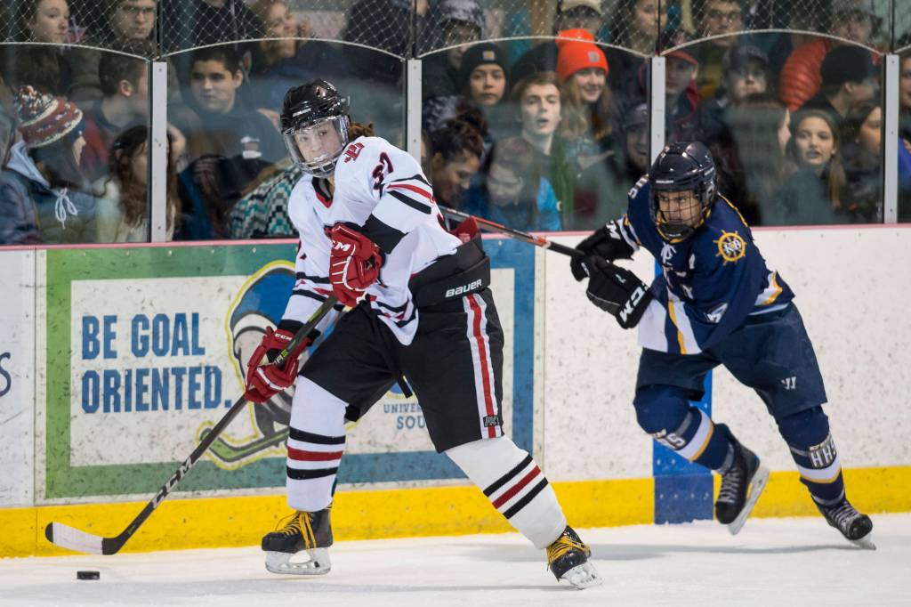 Juneau-Douglas Chance Turinsky, left, drives past Homers Isaiah Nevak at Treadwell Arena on Friday, Jan. 18, 2019. JDHS won 4-3 in overtime. (Michael Penn | Juneau Empire)