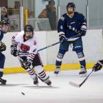Juneau-Douglas Ethan Welch passes to teammate Dalton Hoy against Homer at Treadwell Arena on Friday, Jan. 18, 2019. JDHS won 4-3 in overtime. (Michael Penn | Juneau Empire)