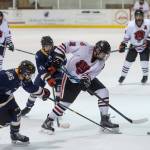 Juneau-Douglas Dalton Hoy, right, moves the puck against Homers Bergen Knutson, left, and Kazden Stineff at Treadwell Arena on Friday, Jan. 18, 2019. JDHS won 4-3 in overtime. (Michael Penn | Juneau Empire)