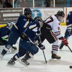 Juneau-Douglas Chance Turinsky is defended against by Homers Kazden Stineff, left, Tyler Gilliland and Austin Shafford, right, at Treadwell Arena on Friday, Jan. 18, 2019. JDHS won 4-3 in overtime. (Michael Penn | Juneau Empire)