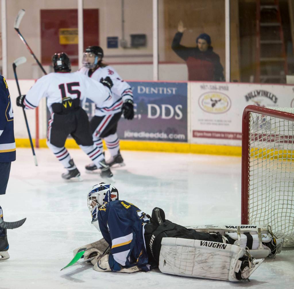 Juneau-Douglas Josh Frisby, left, congratulates teammate Cully Corrigan on his second period goal against Homers goalie Hunter Warren at Treadwell Arena on Friday, Jan. 18, 2019. JDHS won 4-3 in overtime. (Michael Penn | Juneau Empire)