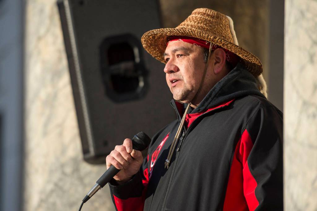 John Garcia speaks at the Womens March on Juneau in front of the Alaska State Capitol on Saturday, Jan. 19, 2019. (Michael Penn | Juneau Empire)
