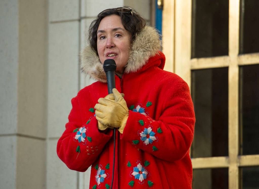 Melanie Brown speaks at the Womens March on Juneau in front of the Alaska State Capitol on Saturday, Jan. 19, 2019. (Michael Penn | Juneau Empire)