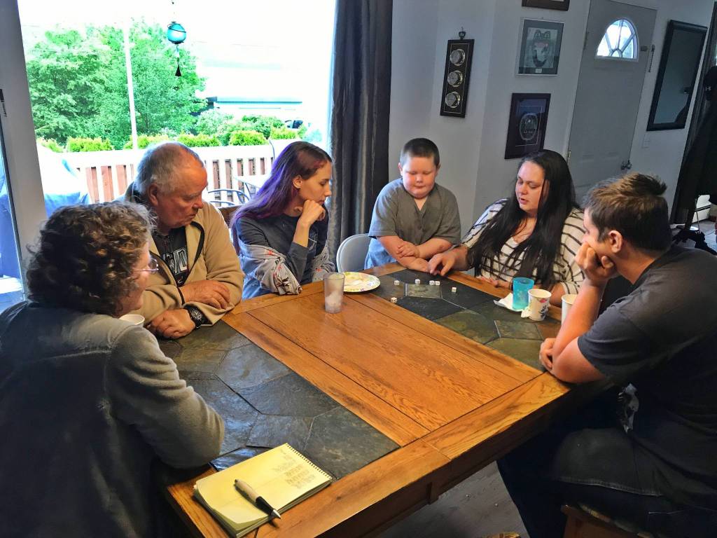 Its game night in Wrangell. From left to right are: Joy Prescott, Mitchell Prescott, Maleah Wenzel, Jonah Hurst, Nikka Mork, Davis Dow. (Vivian Faith Prescott | For the Capital City Weekly)