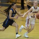 Thunder Mountains Khaye Garcia, left, and Juneau-Douglas Sadie Tuckwood chase down a loose ball at JDHS on Friday, March 3, 2018. JDHS won 53-33. (Michael Penn | Juneau Empire File)