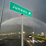 In this October 2015 photo, a momentary dash of sun creates a double rainbow over downtown Juneau. (Michael Penn | Juneau Empire File)