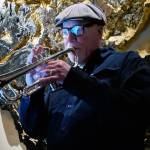 Greg Kalbaugh plays trumpet during the Juneau Fives regular Thursday Night Jazz show at the Narrows Bar, Jan. 31, 2019. (Ben Hohenstatt | Juneau Empire)
