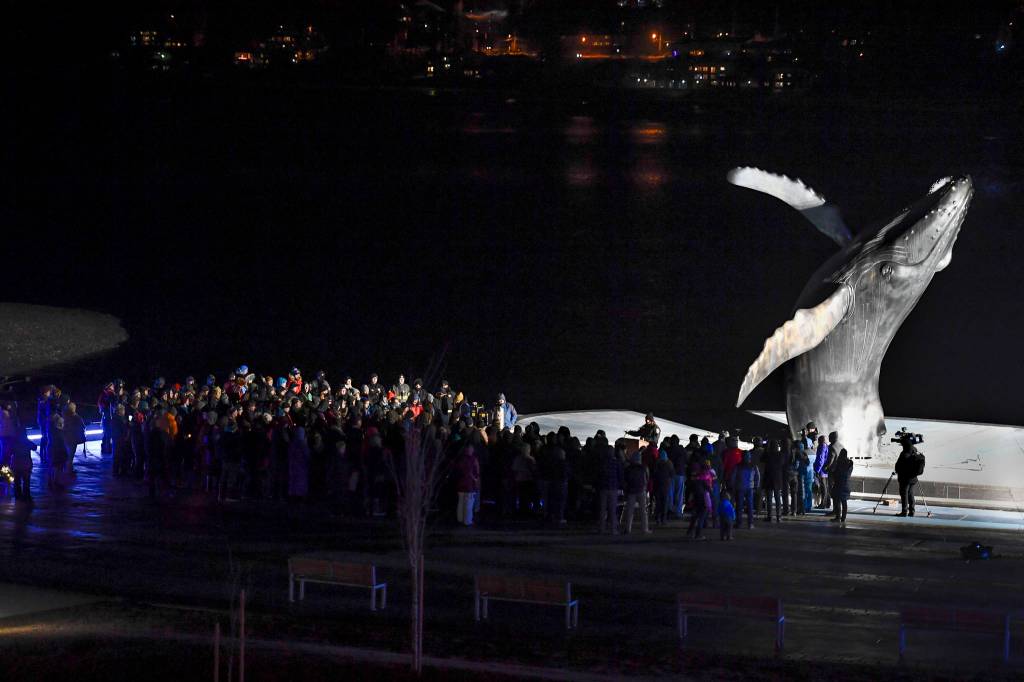 Hundreds of Juneau residents turnout Friday, Feb. 1, 2019, in 8-degree weather for a candlelight vigil at Mayor Bill Overstreet Park for the Guardian medical flight crew that went missing this week. (Michael Penn | Juneau Empire)