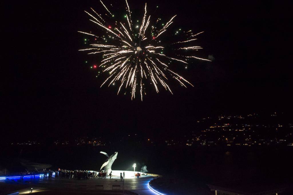 Fireworks are set off as hundreds of Juneau residents attend a candlelight vigil at Mayor Bill Overstreet Park on Friday, Feb. 1, 2019, in 8-degree weather for the Guardian medical flight crew that went missing this week. (Michael Penn | Juneau Empire)