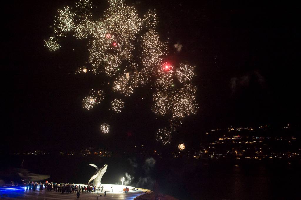 Fireworks are set off as hundreds of Juneau residents attend a candlelight vigil at Mayor Bill Overstreet Park on Friday, Feb. 1, 2019, in 8-degree weather for the Guardian medical flight crew that went missing this week. (Michael Penn | Juneau Empire)