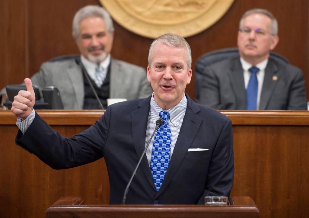 In this Feb. 26, 2018 photo, U.S. Sen. Dan Sullivan, R-Alaska, gives a thumbs up while speaking about the opening of the Arctic National Wildlife Refuge to oil drilling during his annual speech to a joint session of the Alaska Legislature at the Capitol. (Michael Penn | Juneau Empire File)