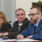 Andy Jones, Director of the Department of Health and Social Services Office of Substance Misuse, right, speak about the fiscal impacts of the opioids on the state along with Michael Duxbury, Deputy Commissioner of the Department of Public Safety, center, and Laura Brooks, Director of Health and Rehabilitation for the Department of Corrections, in front of the Senate Finance Committee on Thursday, Feb. 7, 2019. (Michael Penn | Juneau Empire)