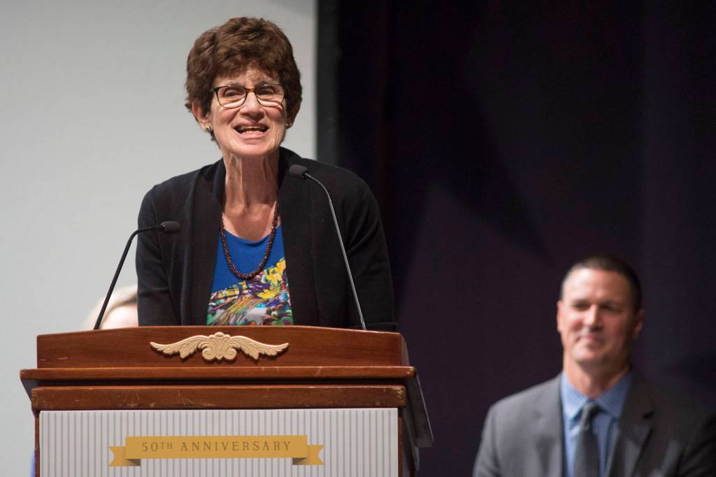 Maida Buckley, of Fairbanks, receives her Lifetime Achievement in the Humanities Award for Leadership at the 2019 Governors Arts and Humanities Awards at the Juneau Arts & Culture Center on Thursday, Feb. 7, 2019. (Michael Penn | Juneau Empire)