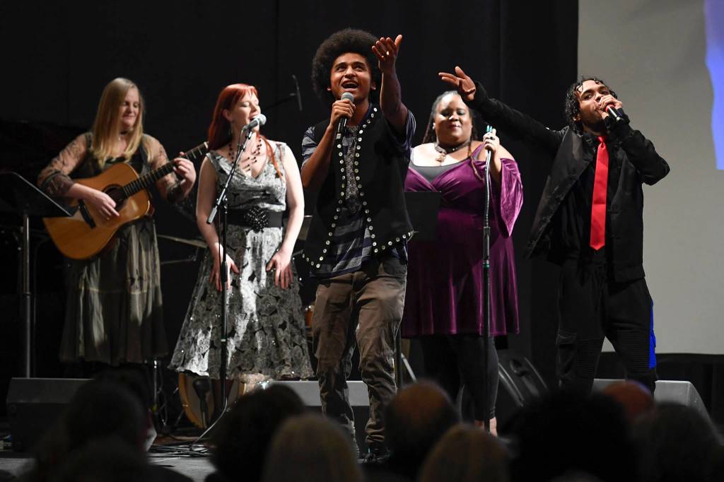 Marian Call, left, Laura Zahasky, Arias AJ Hoyle, Jocelyn Miles and Chris Talley perform at the 2019 Governors Arts and Humanities Awards at the Juneau Arts & Culture Center on Thursday, Feb. 7, 2019. (Michael Penn | Juneau Empire)