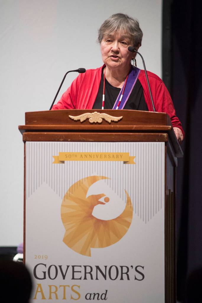Ernestine Hayes, Alaska State Writer Laureate, makes closing remarks at the 2019 Governors Arts and Humanities Awards at the Juneau Arts & Culture Center on Thursday, Feb. 7, 2019. (Michael Penn | Juneau Empire)