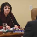 Senate Judiciary Committee Chair Sen. Shelley Hughes, R-Wasilla, listens to Attorney General Kevin Clarkson speak about Gov. Mike Dunleavys four crime bills at the Capitol on Wednesday, Feb. 6, 2019. (Michael Penn | Juneau Empire)