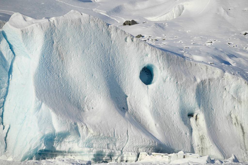 The face of the Mendenhall Glacier on Monday, Feb. 11, 2019. (Michael Penn | Juneau Empire)