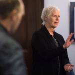 Rep. Louise Stutes, R-Kodiak, talks to the media about why she nominated Rep. Gary Knopp, R-Kenai, for Speaker of the House at the Capitol on Tuesday, Feb. 12, 2019. (Michael Penn | Juneau Empire)