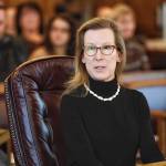 Donna Arduin, right, director of the Office of Budget and Management, speaks to the Senate Finance Committee at the Capitol on Wednesday, Jan. 23, 2019. (Michael Penn | Juneau Empire)