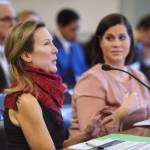 Donna Arduin, Director of the Office of Budget and Management, left, and Lacey Sanders, Budget Director for OMB, present Gov. Mike Dunleavys state budget in front of the Senate Finance Committee at the Capitol on Thursday, Feb. 14, 2019. (Michael Penn | Juneau Empire)