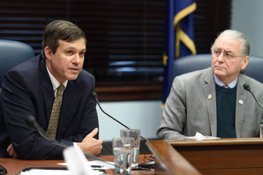 Senate Democratic Leader Tom Begich, D-Anchorage,right, listens to Sen. Bill Wielechowski, D-Anchorage, during a Senate Democrat Caucus press conference on Thursday, Jan. 24, 2019. (Michael Penn | Juneau Empire)