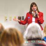 In this Oct. 21, 2018 photo, Alyse Galvin, Alaskas independent candidate for U.S. House of Representatives, holds a town hall-style meeting to an overflowing room at Centennial Hall. (Michael Penn | Juneau Empire)