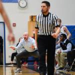 Thunder Mountains coach John Blasco yells to his team as his team plays Juneau-Douglas at THMS on Friday, Feb. 15, 2019. TMHS won 69-59. (Michael Penn | Juneau Empire)