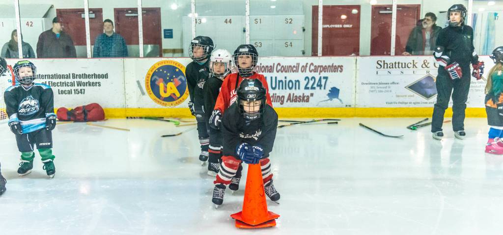 A young JDIA player gets ready to begin a relay race during a recent practice at Treadwell Ice Arena. (Courtesy Photo | Steve Quinn)