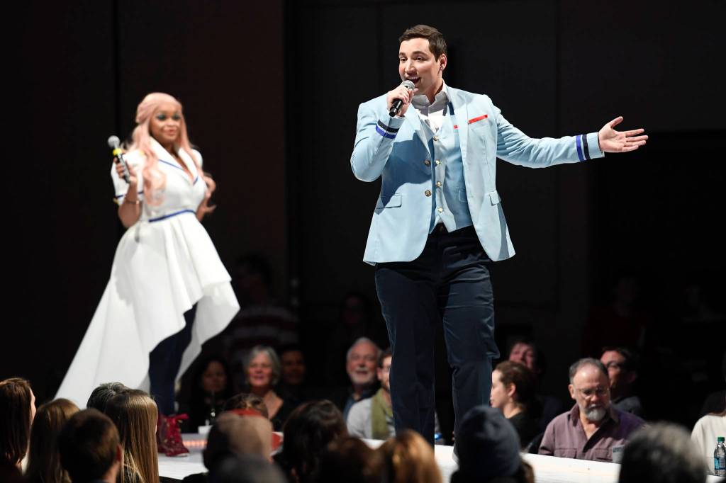 Ericka Lee and Richard Carter take on Master of Ceremonies duties at the Wearable Art show at Centennial Hall on Saturday, Feb. 16, 2019. (Michael Penn | Capital City Weekly)