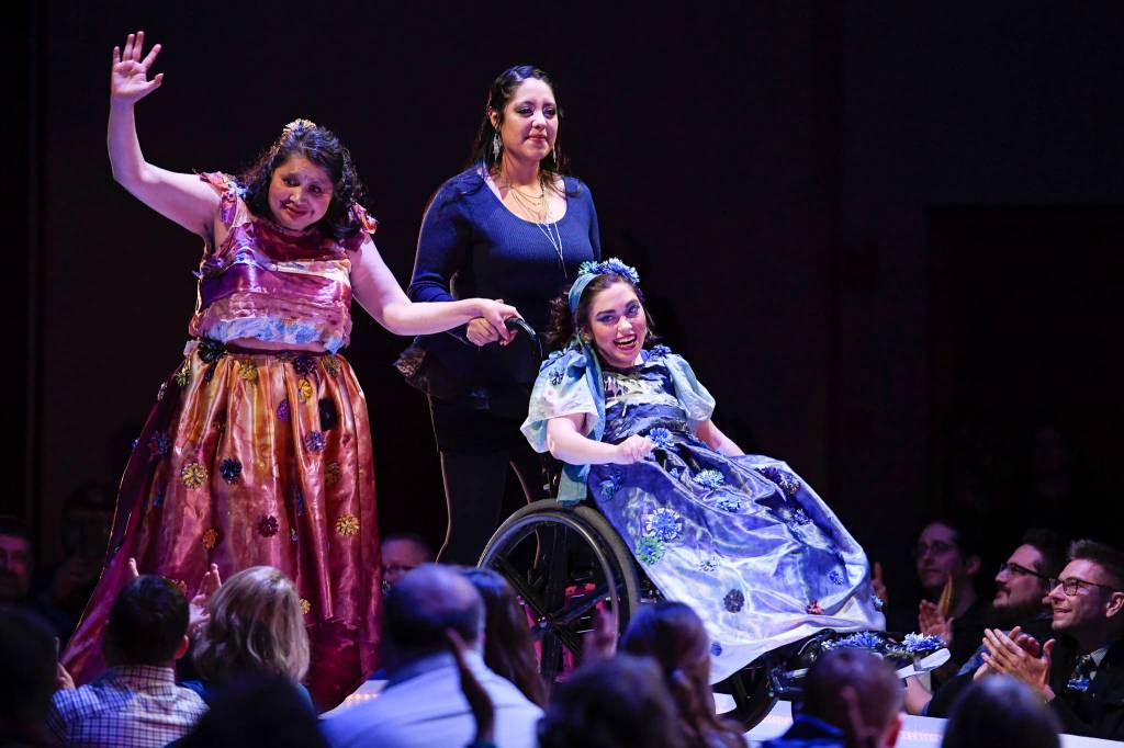 Mary Ann James and Jacinda Ryan model The Canvas entry Elemental Harmony at the Wearable Art show at Centennial Hall on Saturday, Feb. 16, 2019. (Michael Penn | Capital City Weekly)
