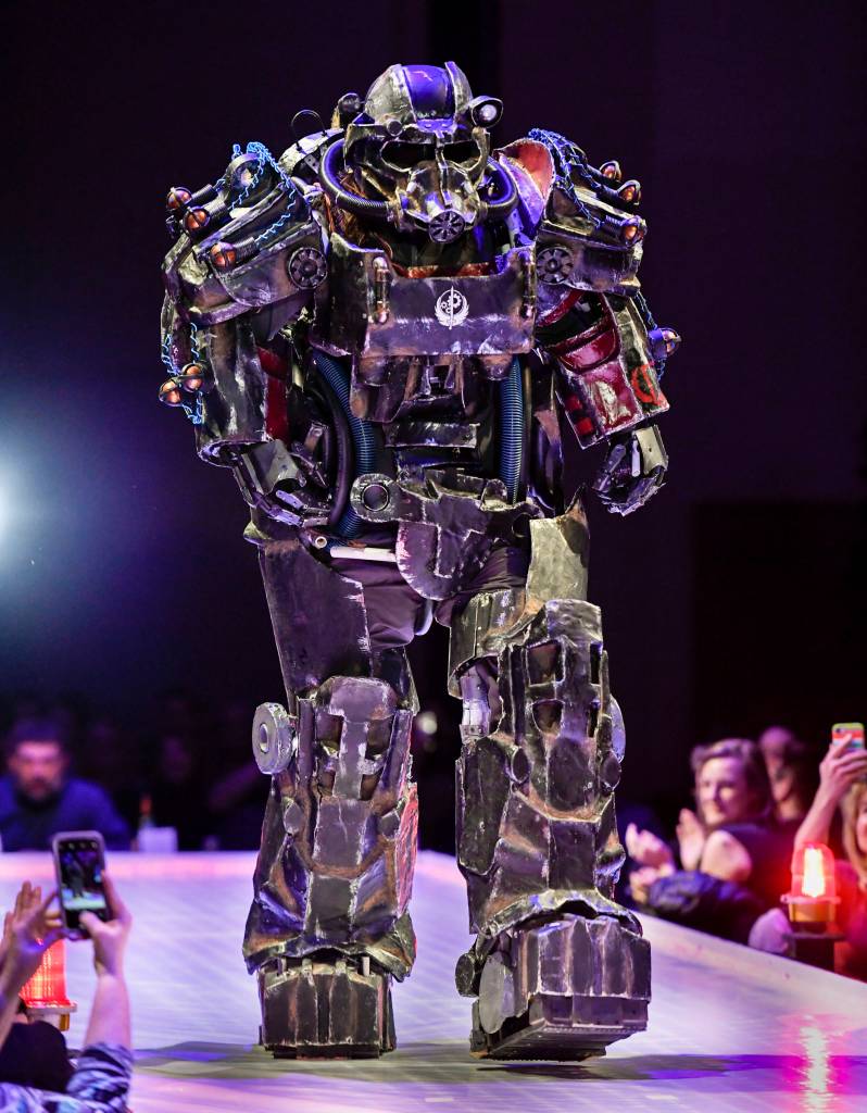 Morgan McCutcheon models his T-60 at the Wearable Art show at Centennial Hall on Saturday, Feb. 16, 2019. (Michael Penn | Capital City Weekly)