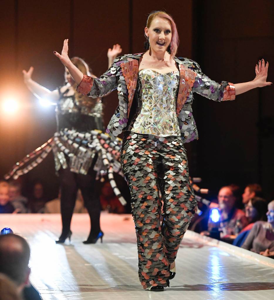 Brandi Campbell and Jillian Ferguson model Campbells Color Me Pretty at the Wearable Art show at Centennial Hall on Saturday, Feb. 16, 2019. (Michael Penn | Capital City Weekly)