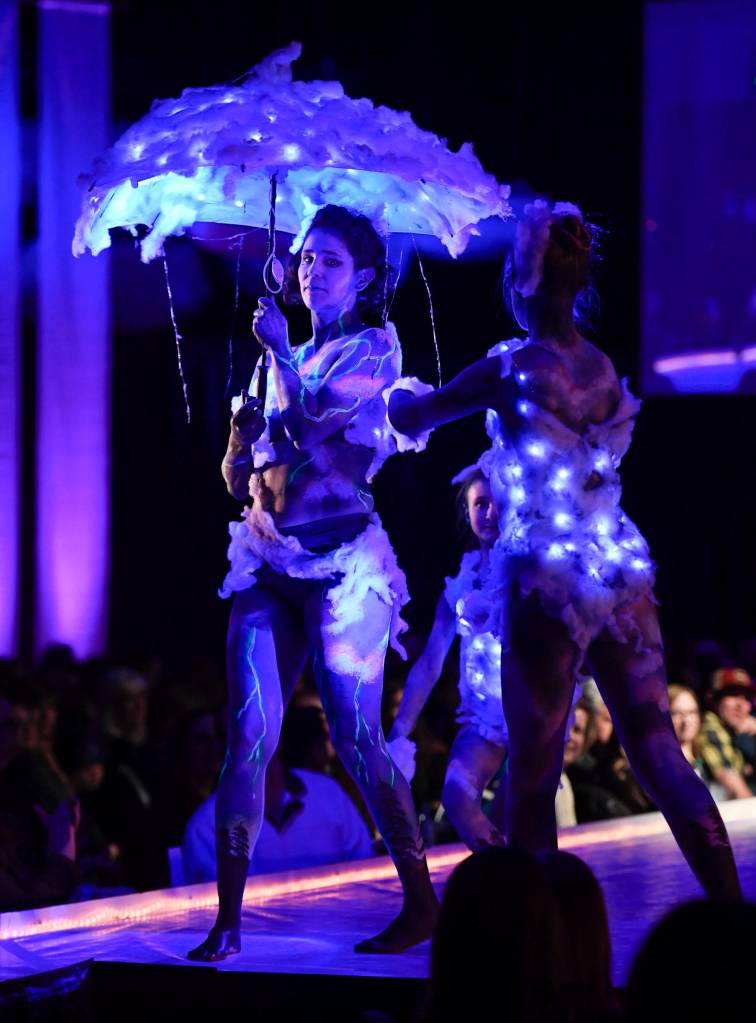 Melissa Cullum, Claire Snyder and Ellie Cullum model Jessica Snyders Downburst at the Wearable Art show at Centennial Hall on Saturday, Feb. 16, 2019. (Michael Penn | Capital City Weekly)
