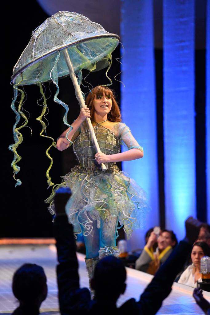 Nakenna Kotlarov models her Cerulean Cubozoa at the Wearable Art show at Centennial Hall on Saturday, Feb. 16, 2019. (Michael Penn | Capital City Weekly)