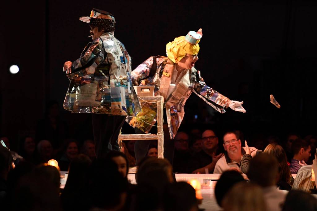 Nic DeHart and Amy Dressel model their Buh Bye Now at the Wearable Art show at Centennial Hall on Saturday, Feb. 16, 2019. (Michael Penn | Capital City Weekly)