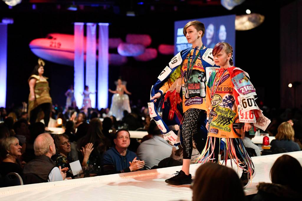 Ella Sowell & Amelia Walker model their Runners High at the Wearable Art show at Centennial Hall on Saturday, Feb. 16, 2019. (Michael Penn | Capital City Weekly)