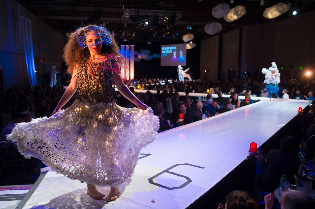 Bryn Fluharty models her Head v. Heart at the Wearable Art show at Centennial Hall on Saturday, Feb. 16, 2019. (Michael Penn | Capital City Weekly)