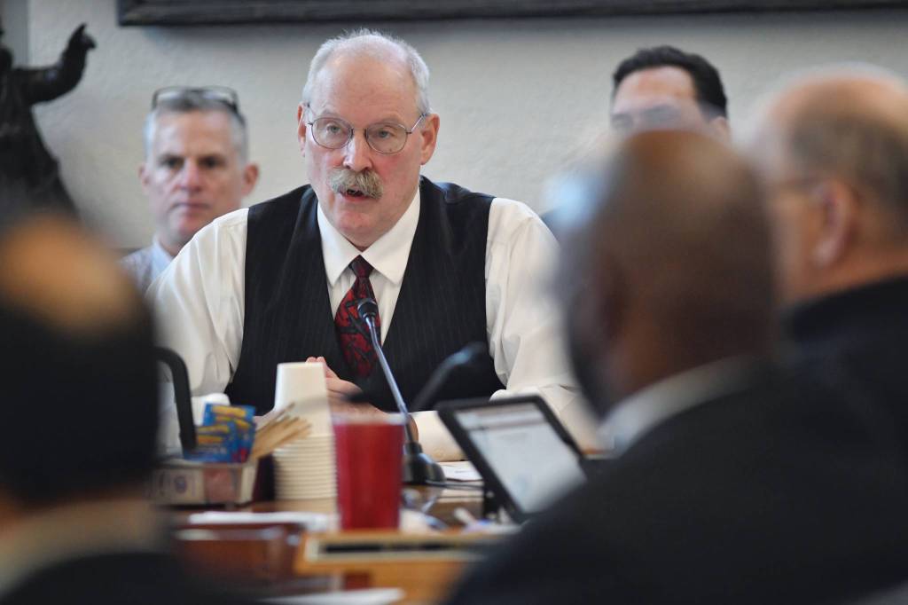Sen. Bert Stedman, R-Sitka, Co-Chair of the Senate Finance Committee, raises his concerns of the proposed lack of funding for the Alaska Marine Highway System at the Capitol on Wednesday, Feb. 19, 2019. Major cuts to fuel for the ferries could effectively shut the transportation system down. (Michael Penn | Juneau Empire)