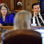 Co-Chairs of the House Finance Committee Rep. Tammie Wilson, R-North Pole, left, and Rep. Neal Foster, D-Nome, listen to Donna Arduin, Director of the Office of Management and Budget, as they hold their first meeting of the session at the Capitol on Thursday, Feb. 21, 2019. (Michael Penn | Juneau Empire)