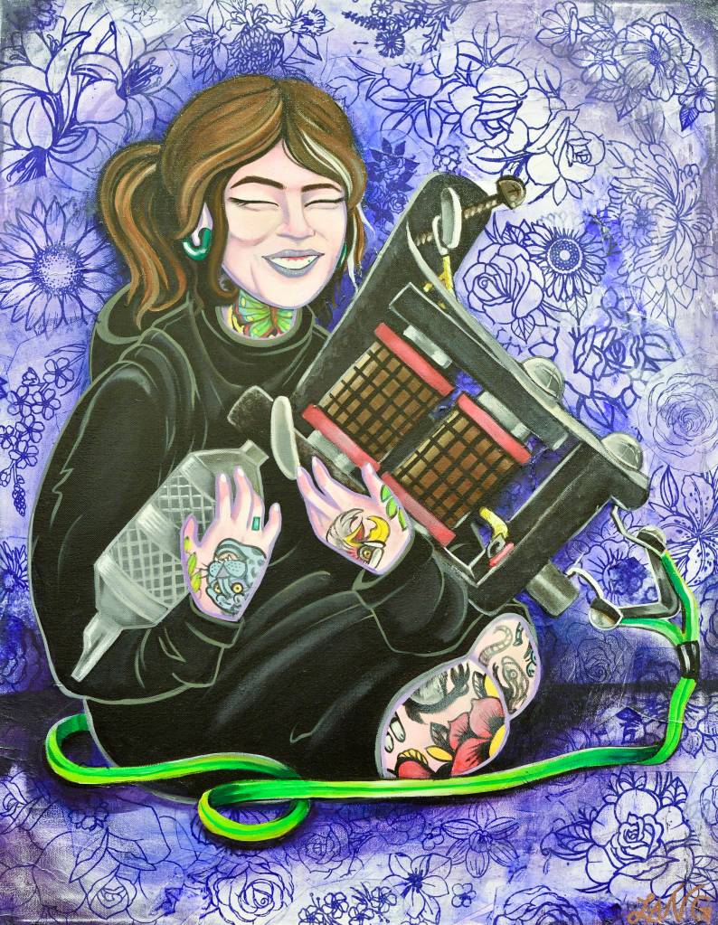 Stencil Jockey by Em Lang at the Davis Gallery in Centennial Hall on Friday, Feb. 22, 2019. The Persisters are an all-female art collective, and their newest show Radical Self Love features dozens of self-portraits and opens for First Friday. (Michael Penn | Juneau Empire)