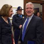 U.S. Sen. Dan Sullivan, R-Alaska, is greeted by Senate President Cathy Giessel, R-Anchorage, before his annual speech to a Joint Session of the Alaska Legislature at the Capitol on Thursday, Feb. 21, 2019. (Michael Penn | Juneau Empire)