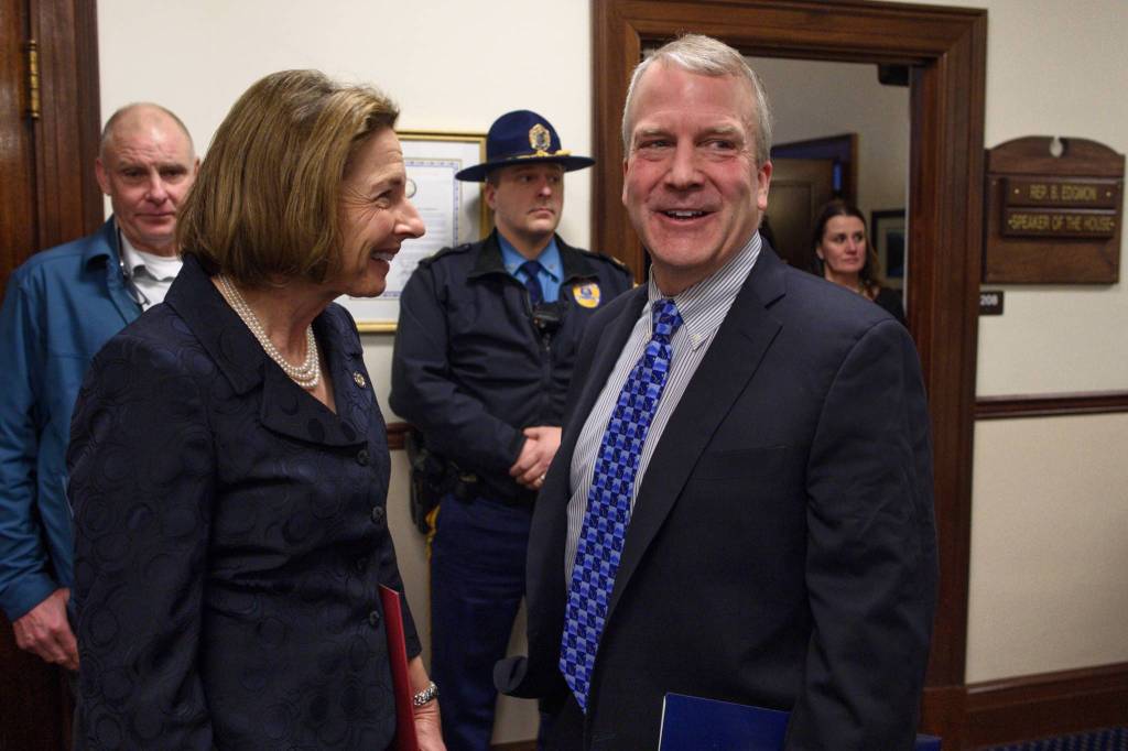 U.S. Sen. Dan Sullivan, R-Alaska, is greeted by Senate President Cathy Giessel, R-Anchorage, before his annual speech to a Joint Session of the Alaska Legislature at the Capitol on Thursday, Feb. 21, 2019. (Michael Penn | Juneau Empire)
